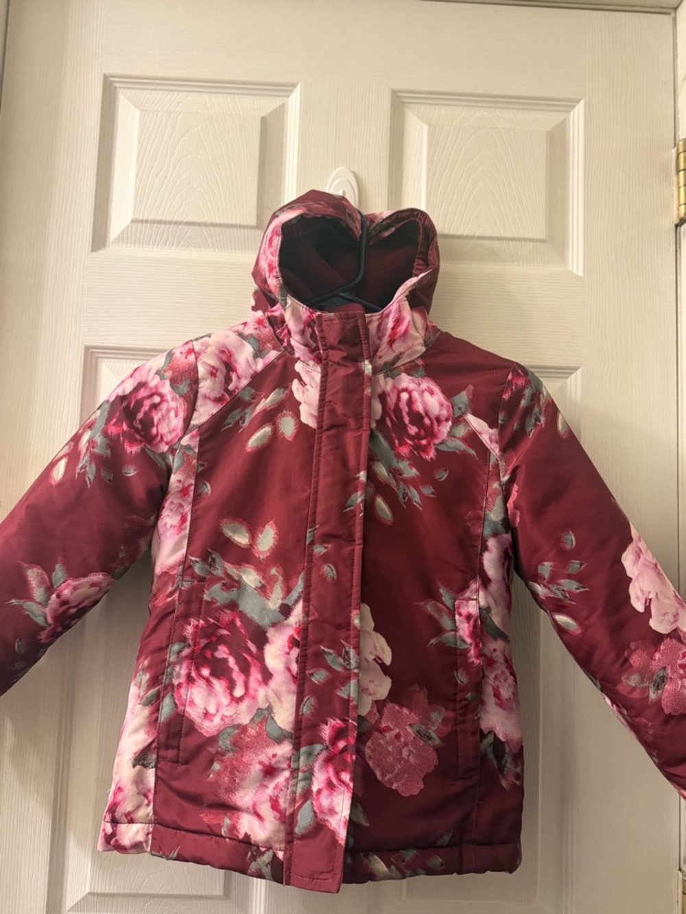 Children’s Place Girls Floral Hooded Winter Jacket - Burgundy Pink